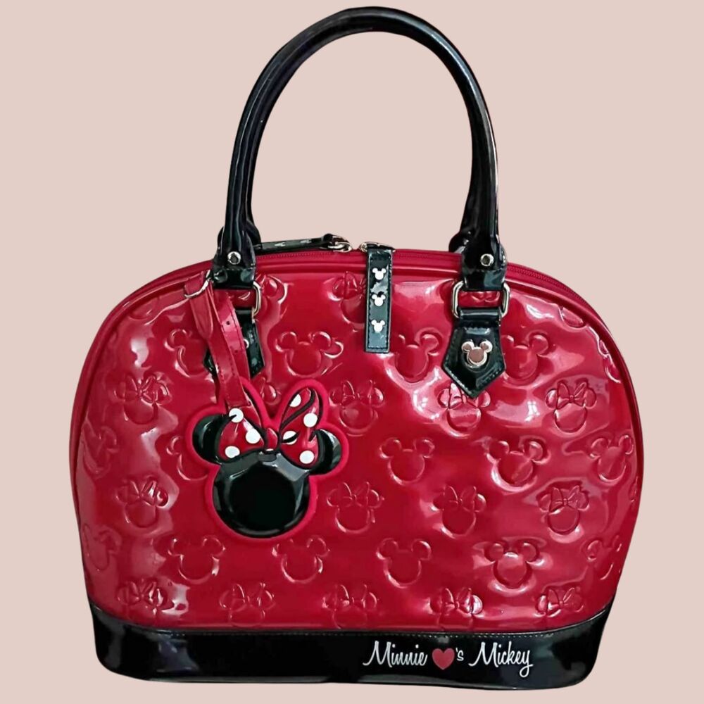 Loungefly "Minnie Loves Mickey" Embossed Satchel Bowler Bag-Minnie Bow charm
